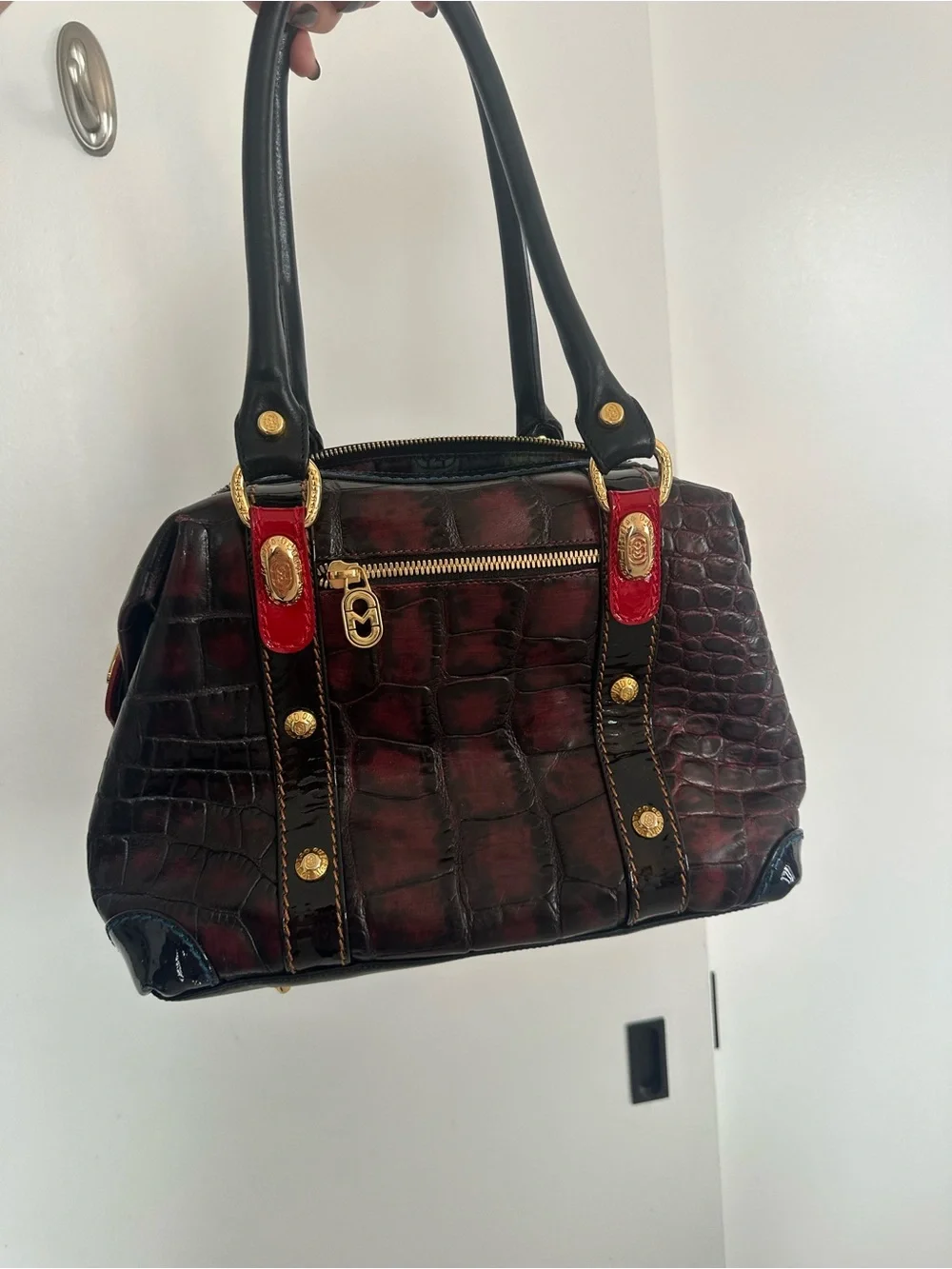 Marino Orlando Stylish Croc-Embossed Satchel Handbag in Deep Burgundy and Black